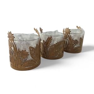 NEW PartyLite 3 Antique Gold Floral Metal Candle Holders Glass Inserts 2.5"